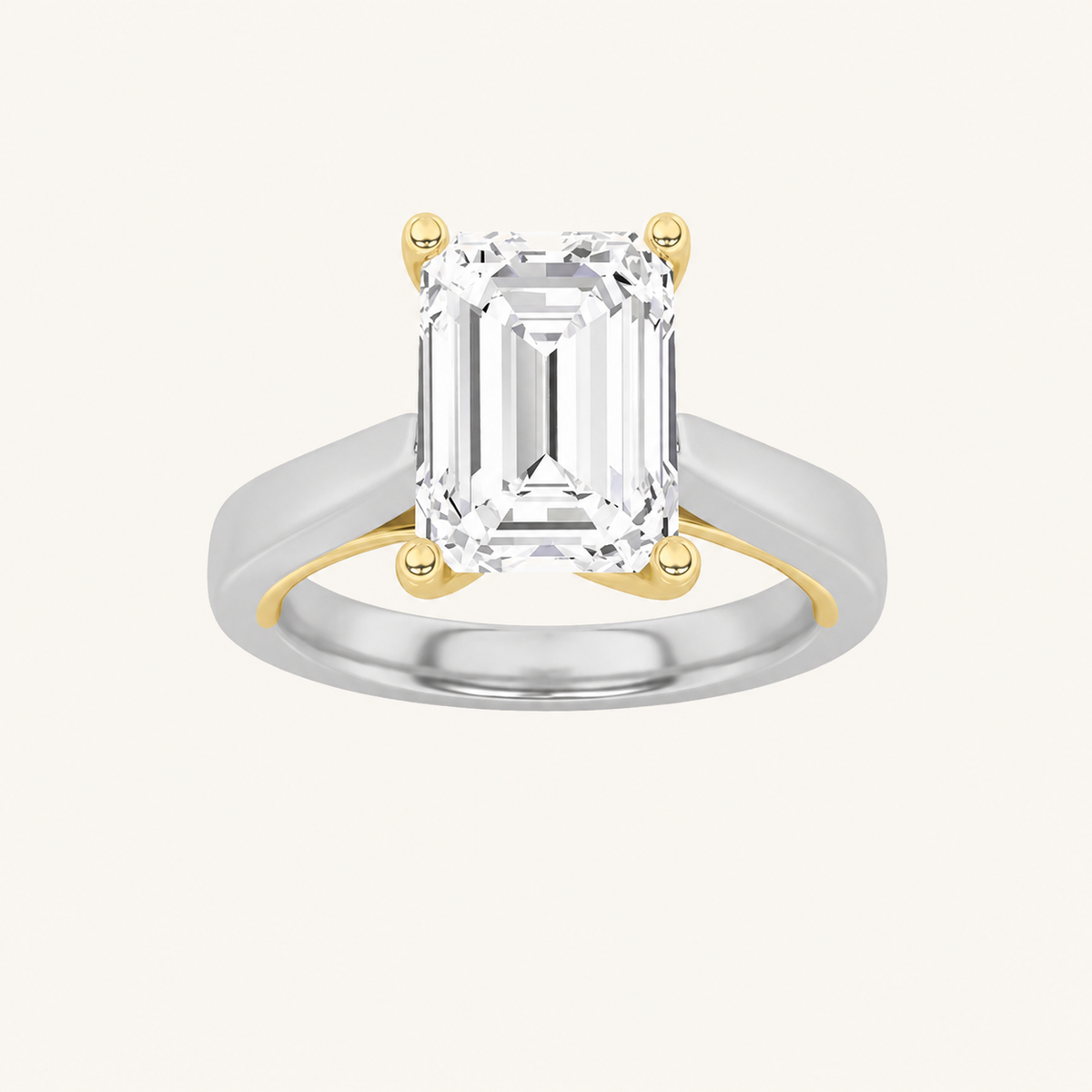 1CT Emerald Cut Lab Grown Diamond Two Tone Twisted Basket Cathedral Shank Solitaire Ring