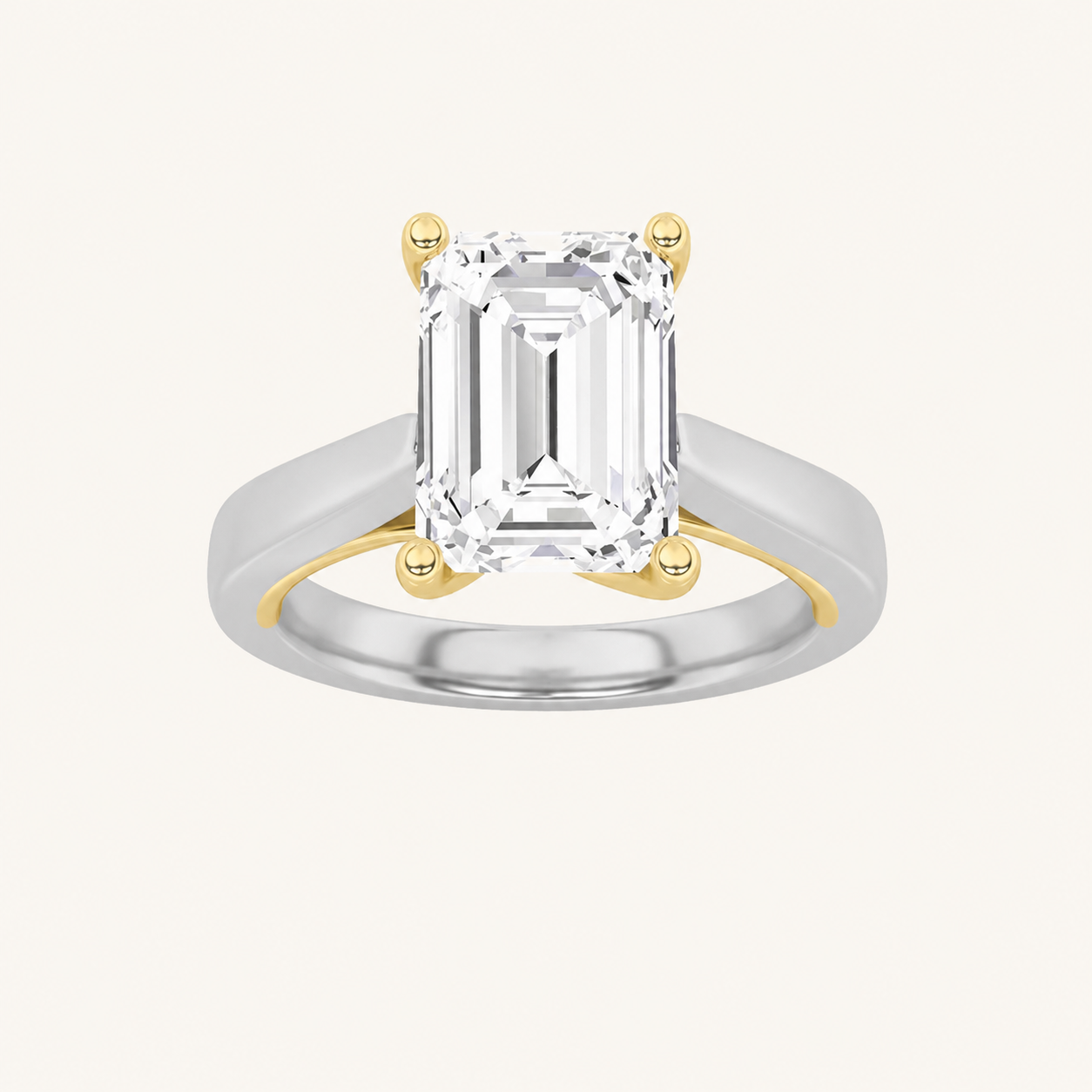 1CT Emerald Cut Lab Grown Diamond Two Tone Twisted Basket Cathedral Shank Solitaire Ring