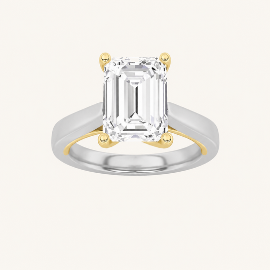 2CT Emerald Cut Lab Grown Diamond Two Tone Twisted Basket Cathedral Shank Solitaire Ring