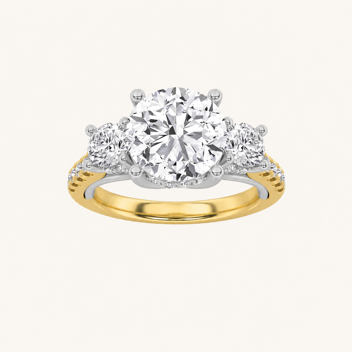 3CT Round Cut Lab Grown Diamond Accented Three Stone Ring