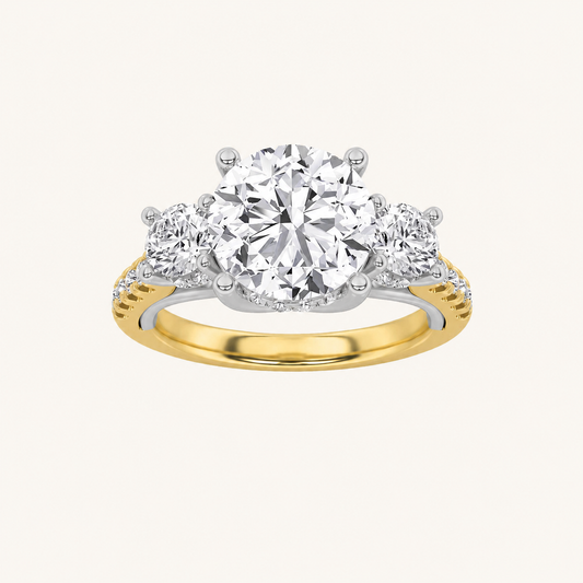 3CT Round Cut Lab Grown Diamond Accented Three Stone Ring