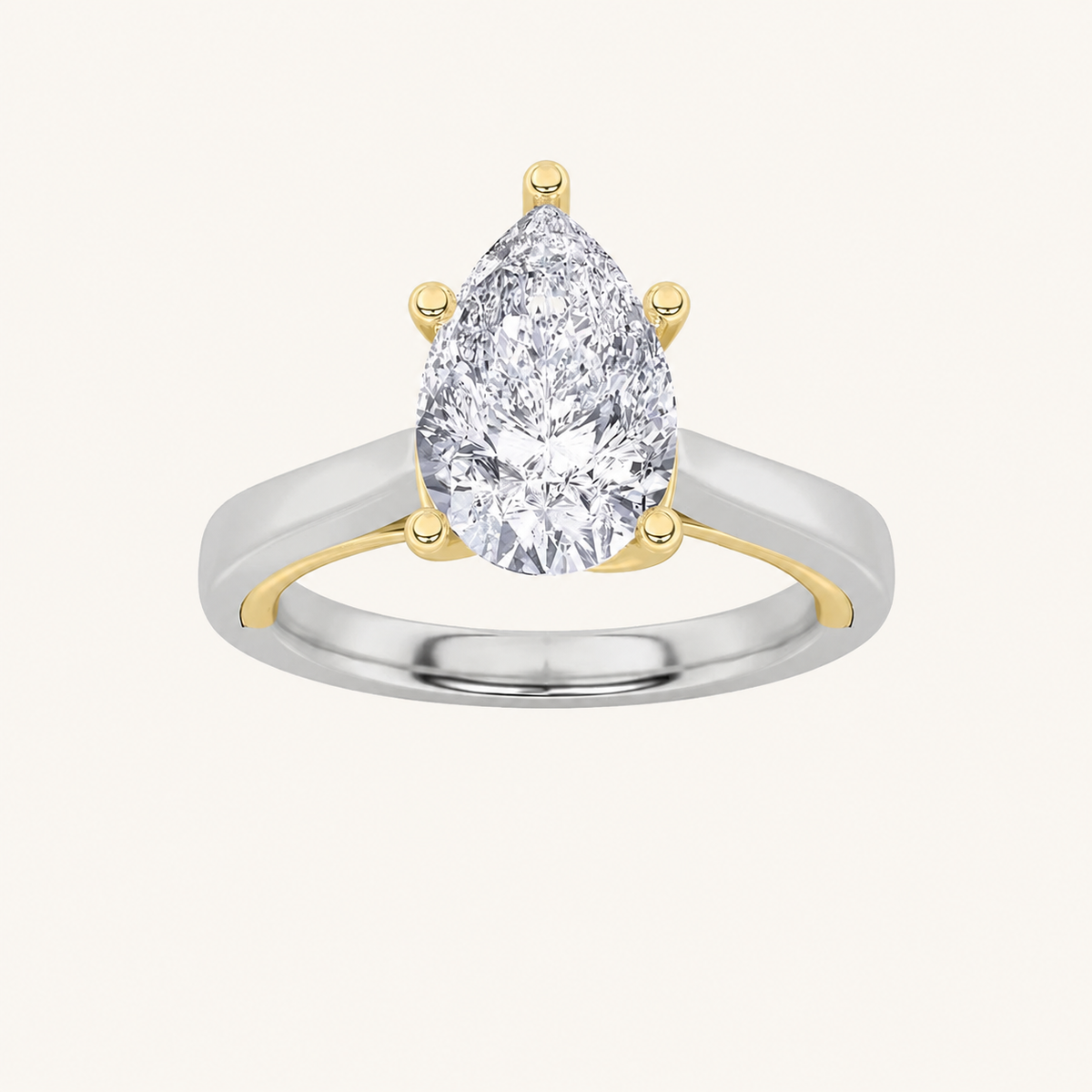 1CT Pear Cut Lab Grown Diamond Two Tone Twisted Basket Cathedral Shank Solitaire Ring