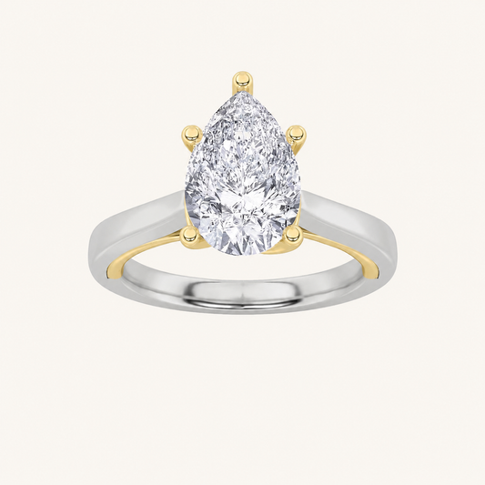 1CT Pear Cut Lab Grown Diamond Two Tone Twisted Basket Cathedral Shank Solitaire Ring