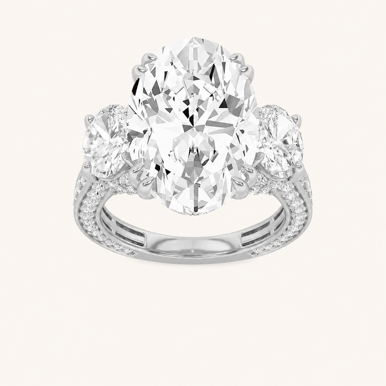 9.00CT Oval Cut Lab Grown Diamond Bold Statement Accented Three Stone Ring