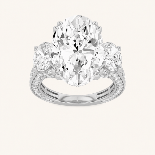 9.00CT Oval Cut Lab Grown Diamond Bold Statement Accented Three Stone Ring