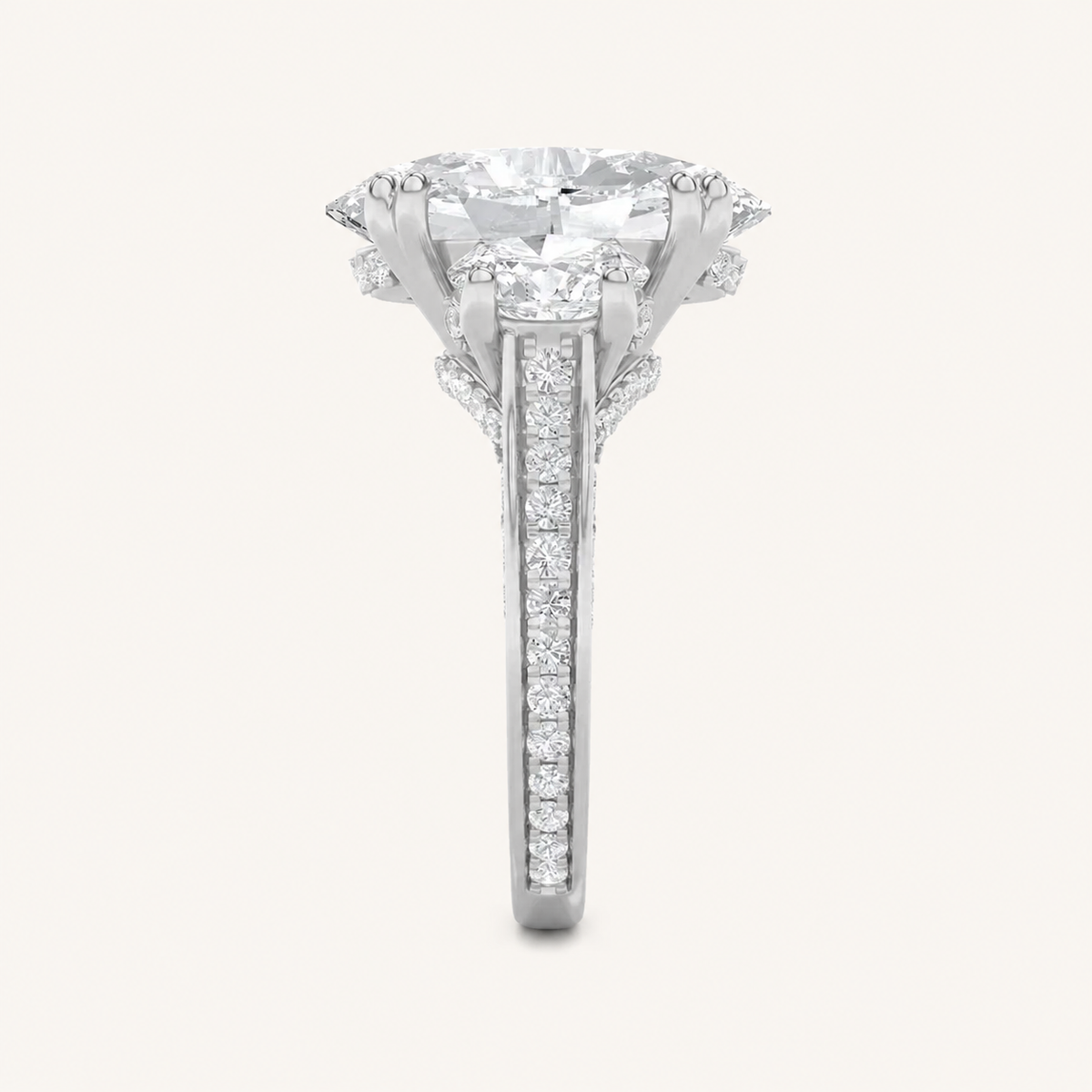 9.00CT Oval Cut Lab Grown Diamond Bold Statement Accented Three Stone Ring