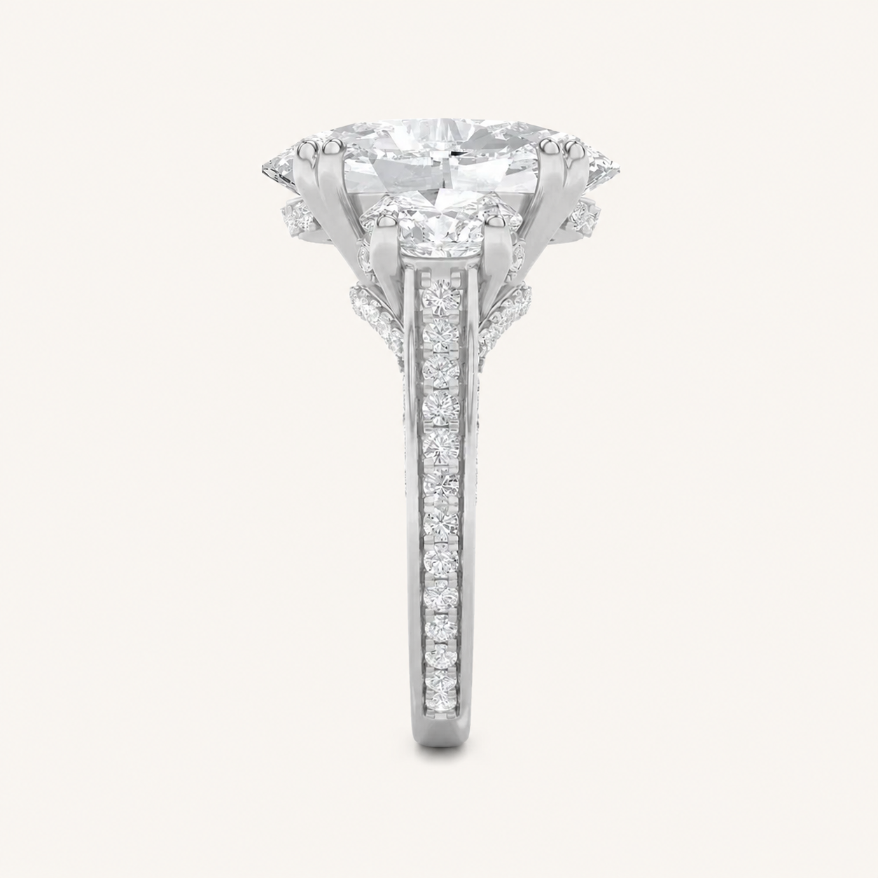 9.00CT Oval Cut Lab Grown Diamond Bold Statement Accented Three Stone Ring