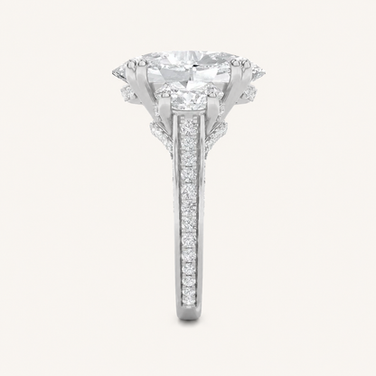 9.00CT Oval Cut Lab Grown Diamond Bold Statement Accented Three Stone Ring