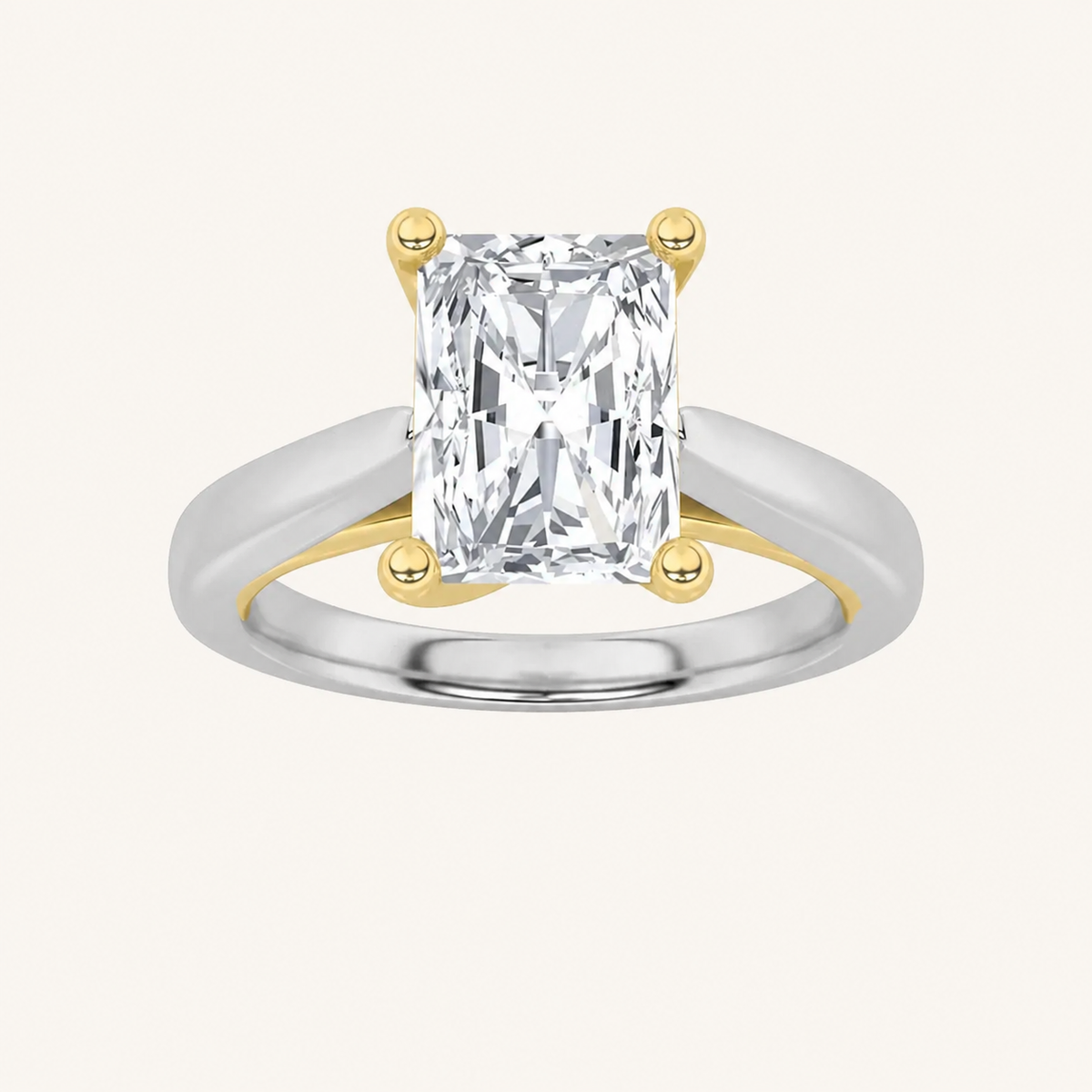 3CT Radiant Cut Lab Grown Diamond Two Tone Cathedral Shank Engagement Ring