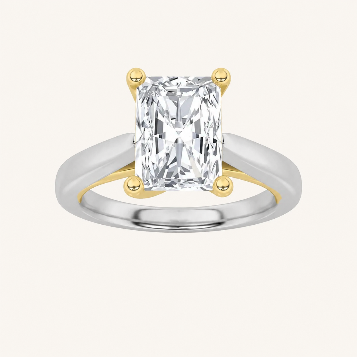 3CT Radiant Cut Lab Grown Diamond Two Tone Cathedral Shank Engagement Ring