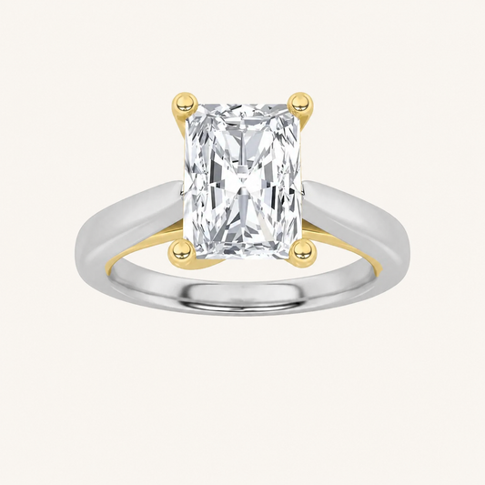 2CT Radiant Cut Lab Grown Diamond Two Tone Cathedral Shank Engagement Ring