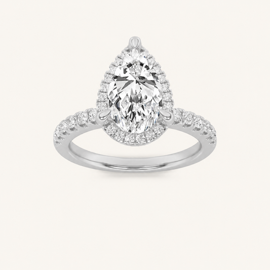 2CT Pear Cut Lab Grown Diamond Halo Accented Engagement Ring