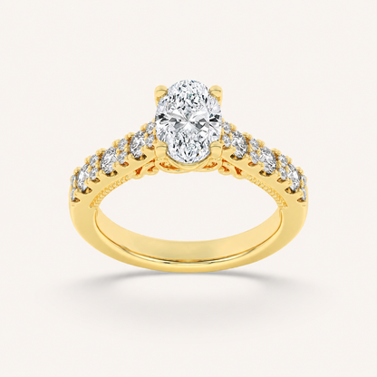 2CT Oval Cut Lab Grown Diamond Accented Milgrain Engagement Ring