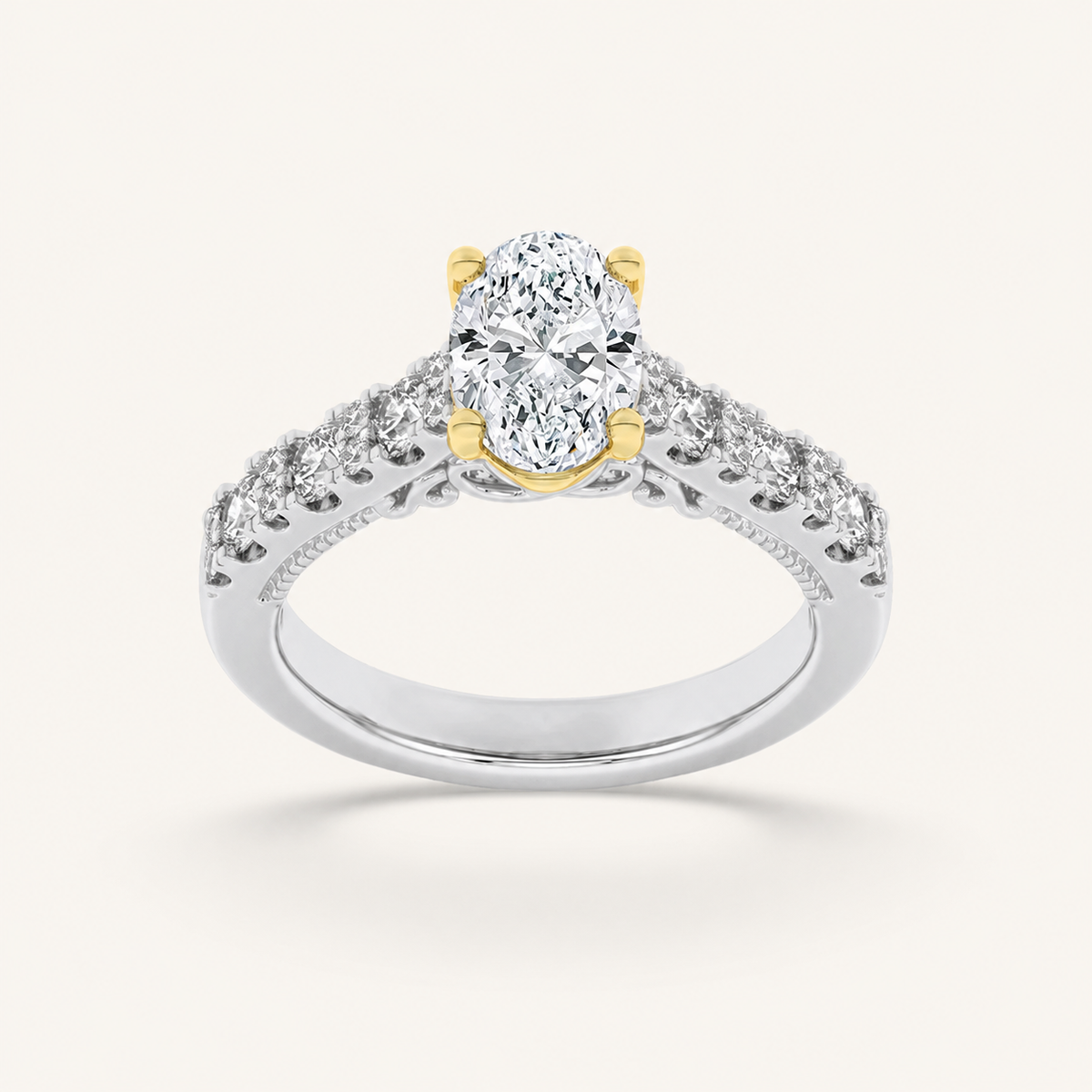 2CT Oval Cut Lab Grown Diamond Accented Milgrain Engagement Ring