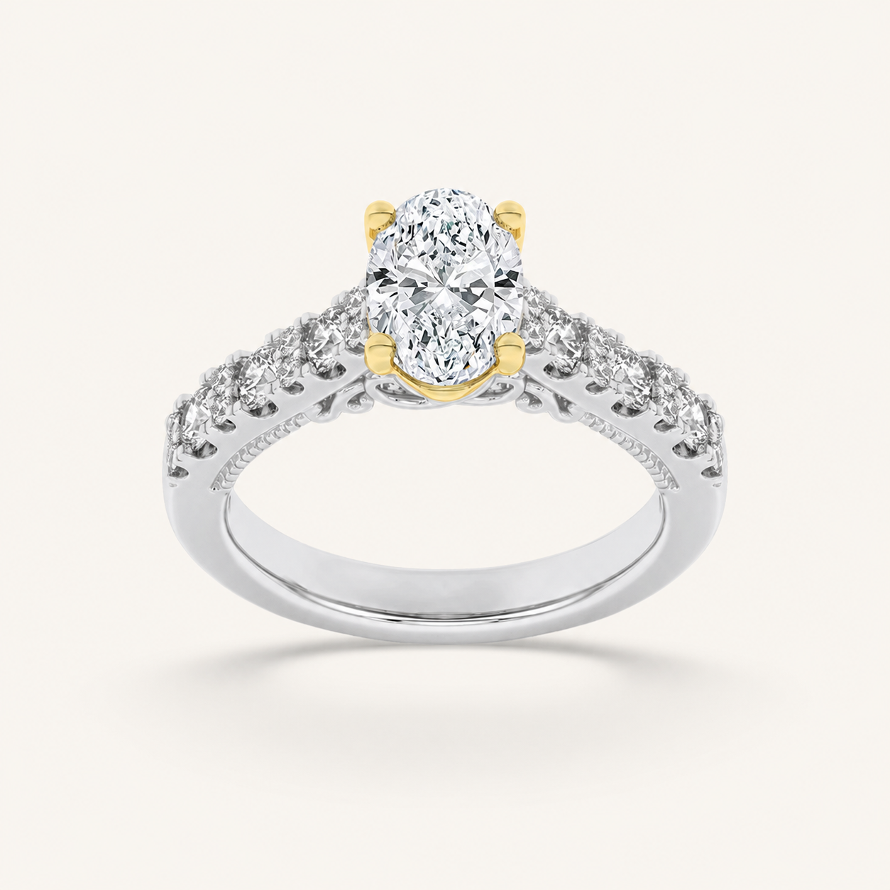 2CT Oval Cut Lab Grown Diamond Accented Milgrain Engagement Ring