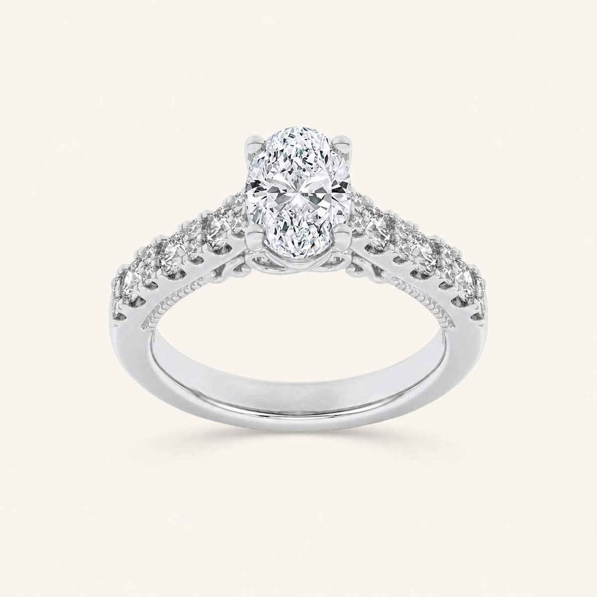 2CT Oval Cut Lab Grown Diamond Accented Milgrain Engagement Ring