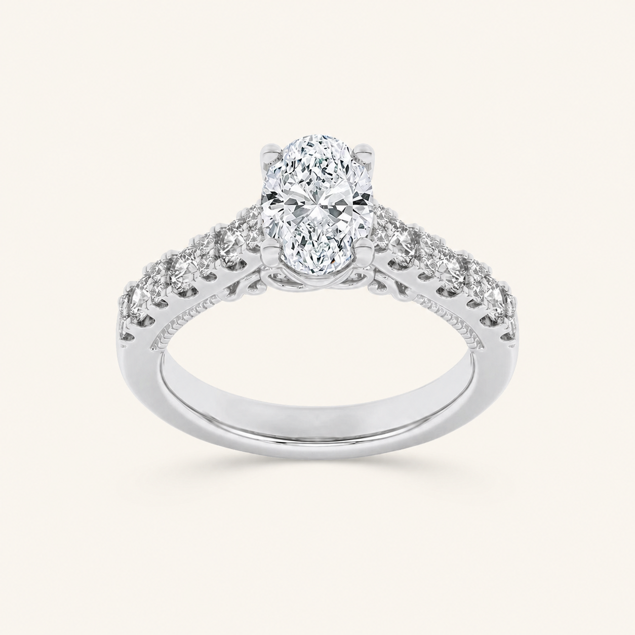 2CT Oval Cut Lab Grown Diamond Accented Milgrain Engagement Ring