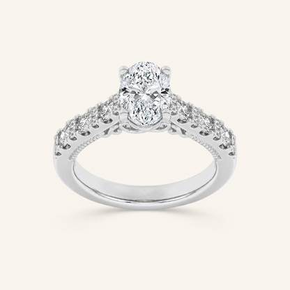 2CT Oval Cut Lab Grown Diamond Accented Milgrain Engagement Ring