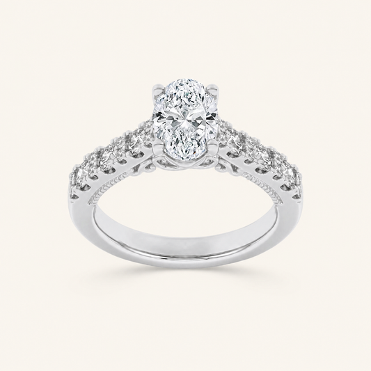 2CT Oval Cut Lab Grown Diamond Accented Milgrain Engagement Ring