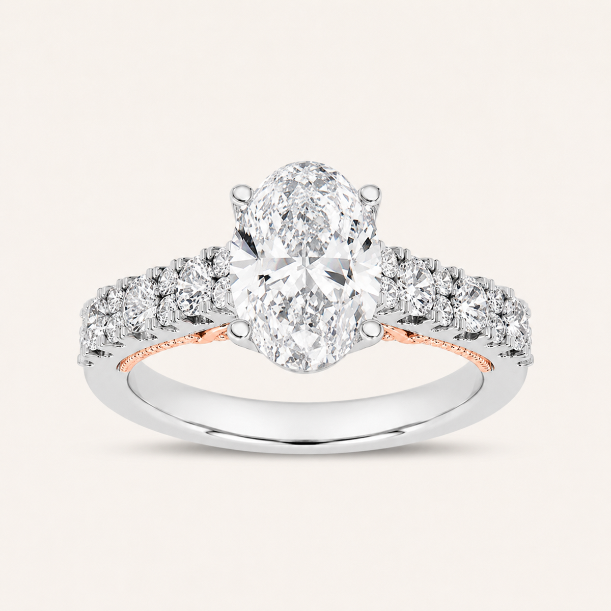 2CT Oval Cut Lab Grown Diamond Accented Milgrain Engagement Ring