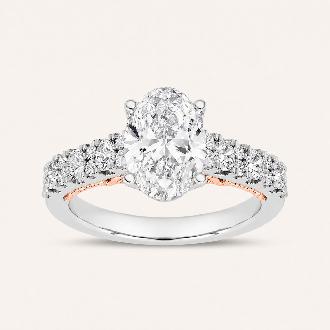 2CT Oval Cut Lab Grown Diamond Accented Milgrain Engagement Ring