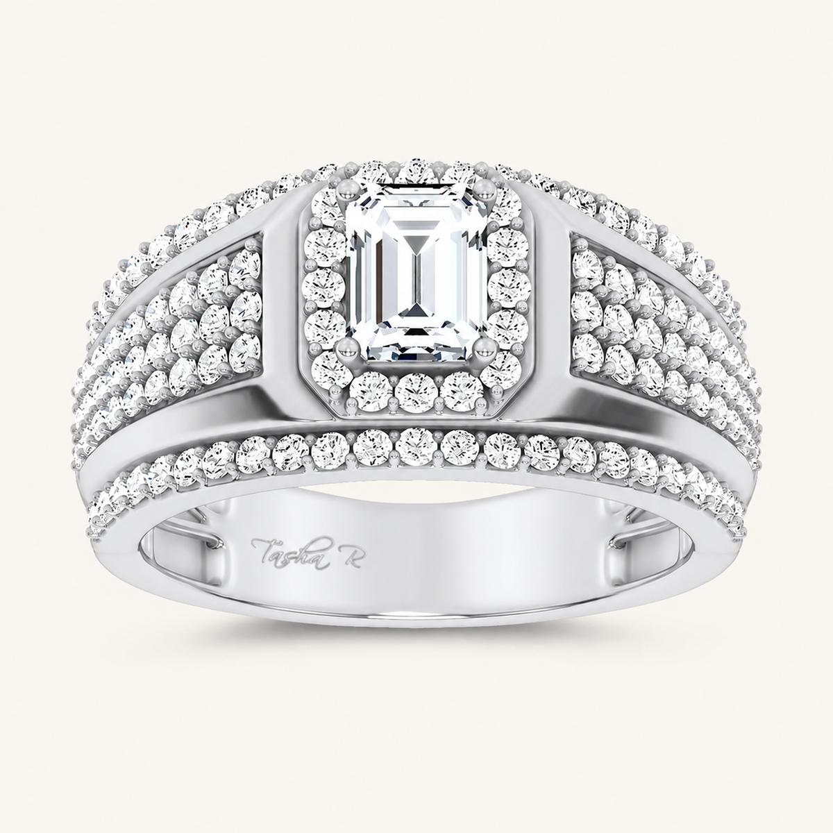 2CT Emerald Cut Certified Lab Grown Diamond Halo Side Stone Men's Ring