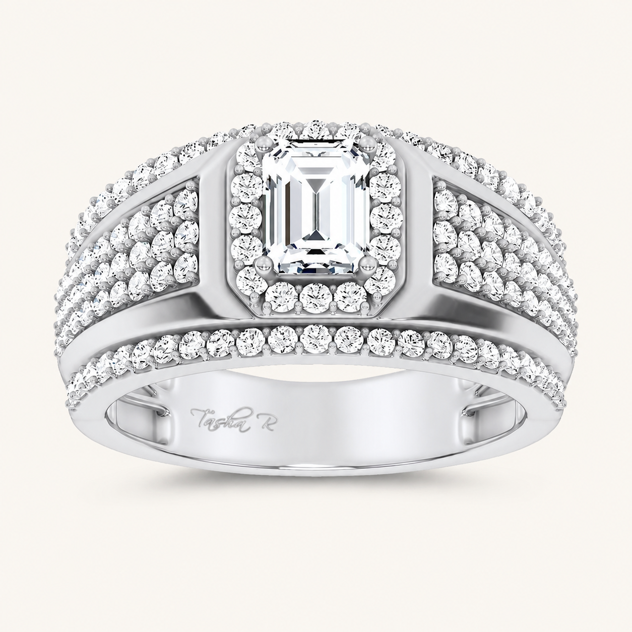 2CT Emerald Cut Certified Lab Grown Diamond Halo Side Stone Men's Ring