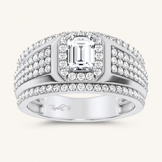 2CT Emerald Cut Certified Lab Grown Diamond Halo Side Stone Men's Ring