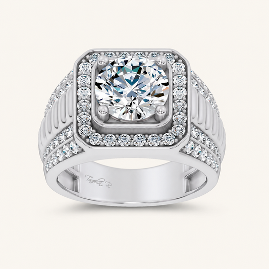 4.12CT Round Cut Lab Grown Diamond Halo Side Stone Men's Ring