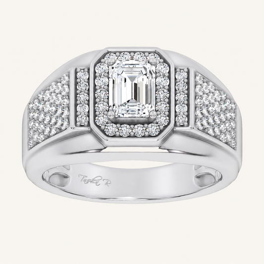 1.82CT Emerald Cut Certified Lab Grown Diamond Halo Cluster Men's Ring