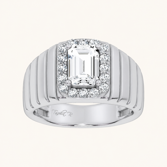 2.60CT Emerald Cut Certified Lab Grown Diamond Halo Men's Ring