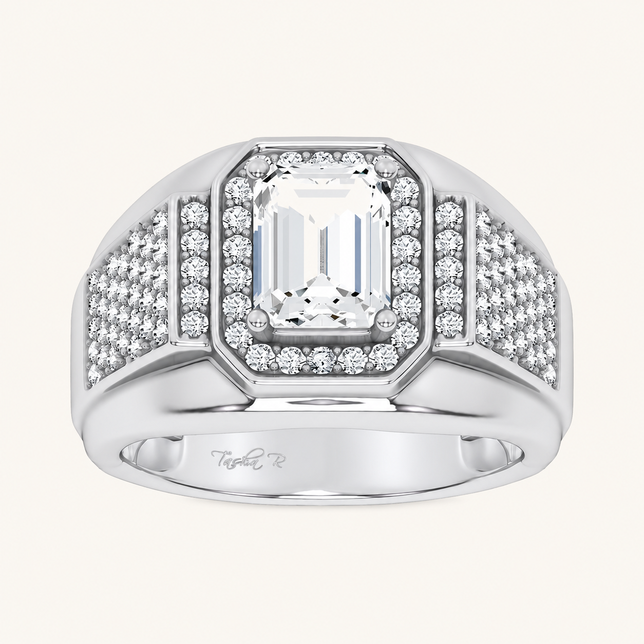 2.98CT Emerald Cut Certified Lab Grown Diamond Halo Cluster Men's Ring
