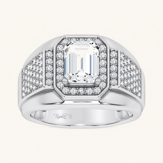 2.98CT Emerald Cut Certified Lab Grown Diamond Halo Cluster Men's Ring