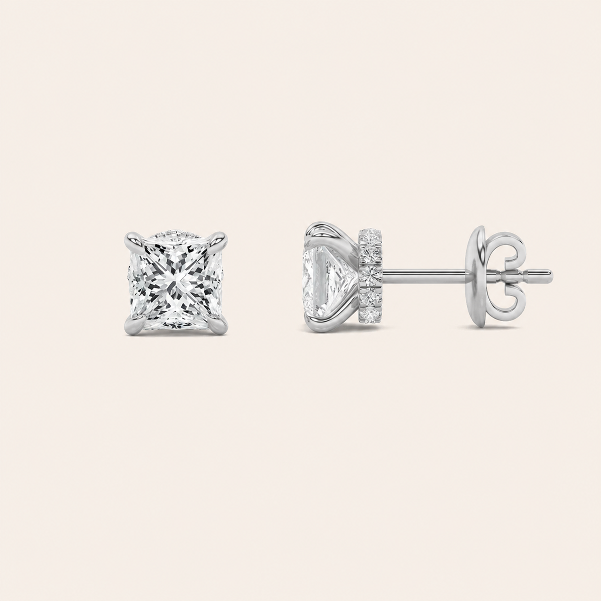 3CT Princess Cut Lab Grown Diamond Hidden Halo Stud Earrings
