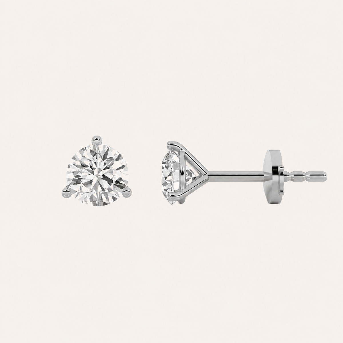 3CT Round Cut Lab Grown Diamond Three Prong Martini Stud Earrings