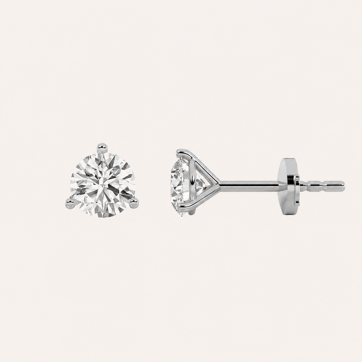 3CT Round Cut Lab Grown Diamond Three Prong Martini Stud Earrings
