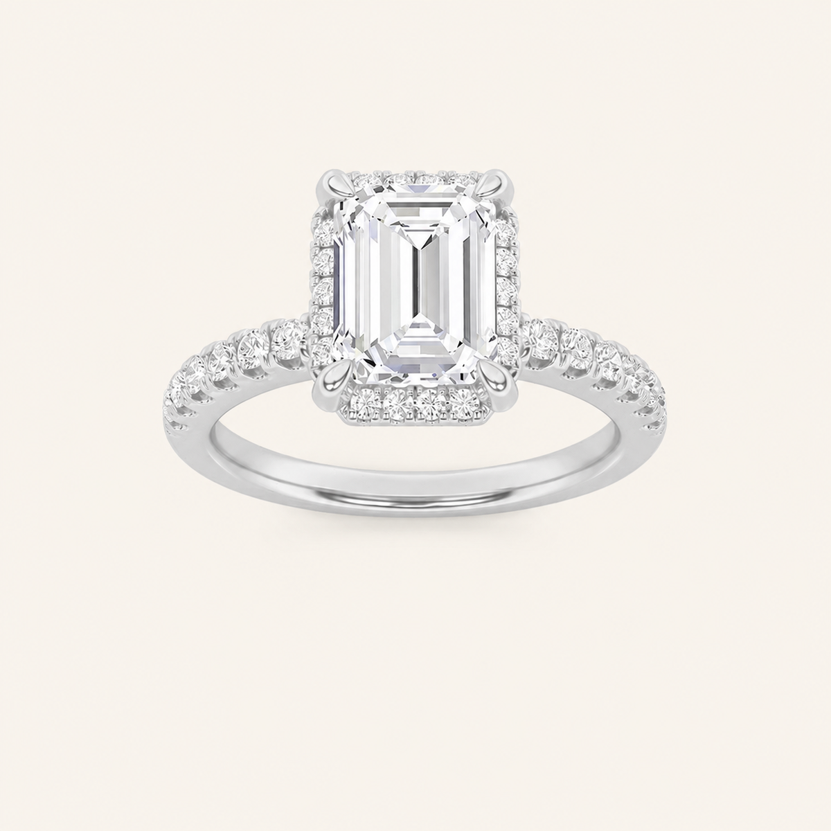 2CT Emerald Cut Lab Grown Diamond Halo Accented Engagement Ring