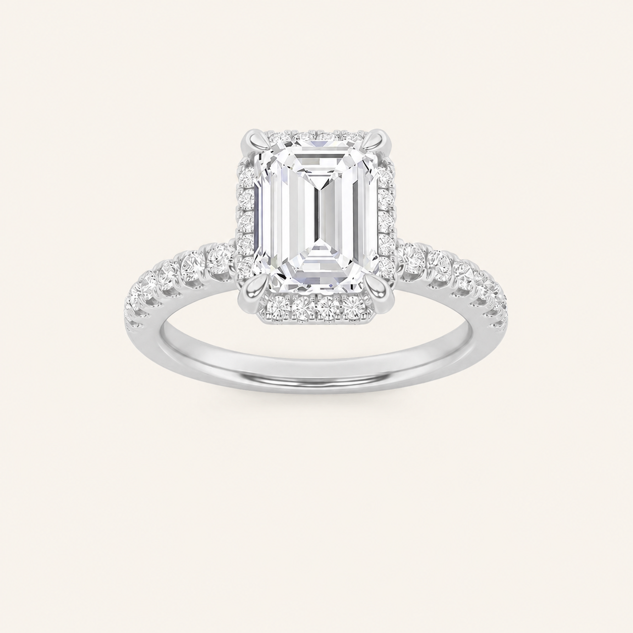 2CT Emerald Cut Lab Grown Diamond Halo Accented Engagement Ring