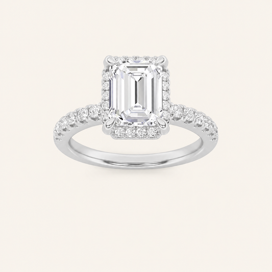 2CT Emerald Cut Lab Grown Diamond Halo Accented Engagement Ring
