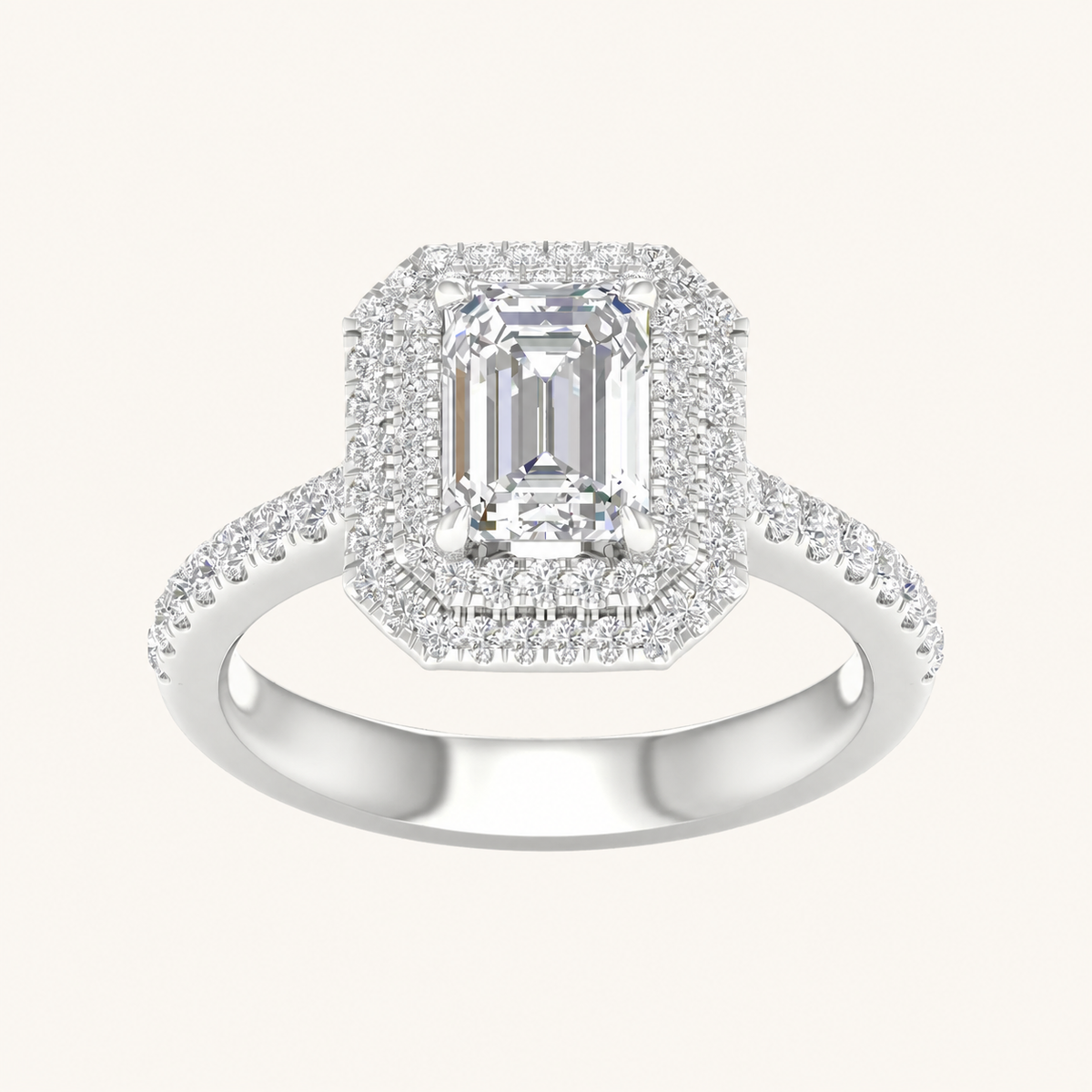 2CT Emerald Cut Lab Grown Diamond Double Halo Ring