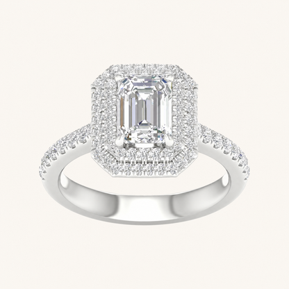 2CT Emerald Cut Lab Grown Diamond Double Halo Ring