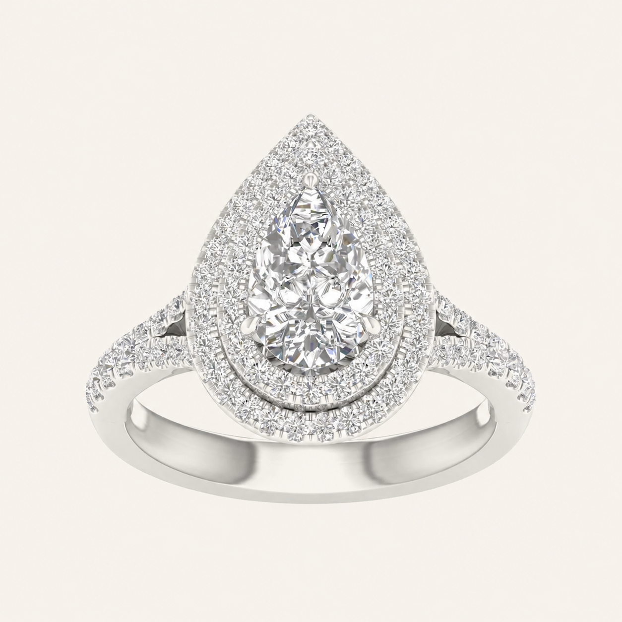 2CT Pear Cut Lab Grown Diamond Double Halo Ring