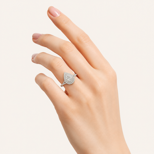 2CT Pear Cut Lab Grown Diamond Double Halo Ring