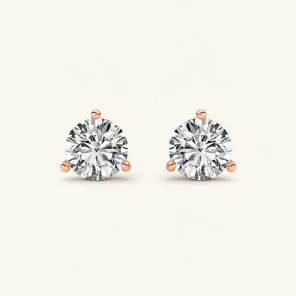 1CT Round Cut Lab Grown Diamond Three-Prong Martini Stud Earrings