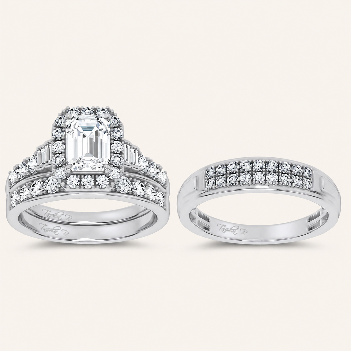 3.17CT Emerald Certified Lab Grown Diamond Trio Halo Set