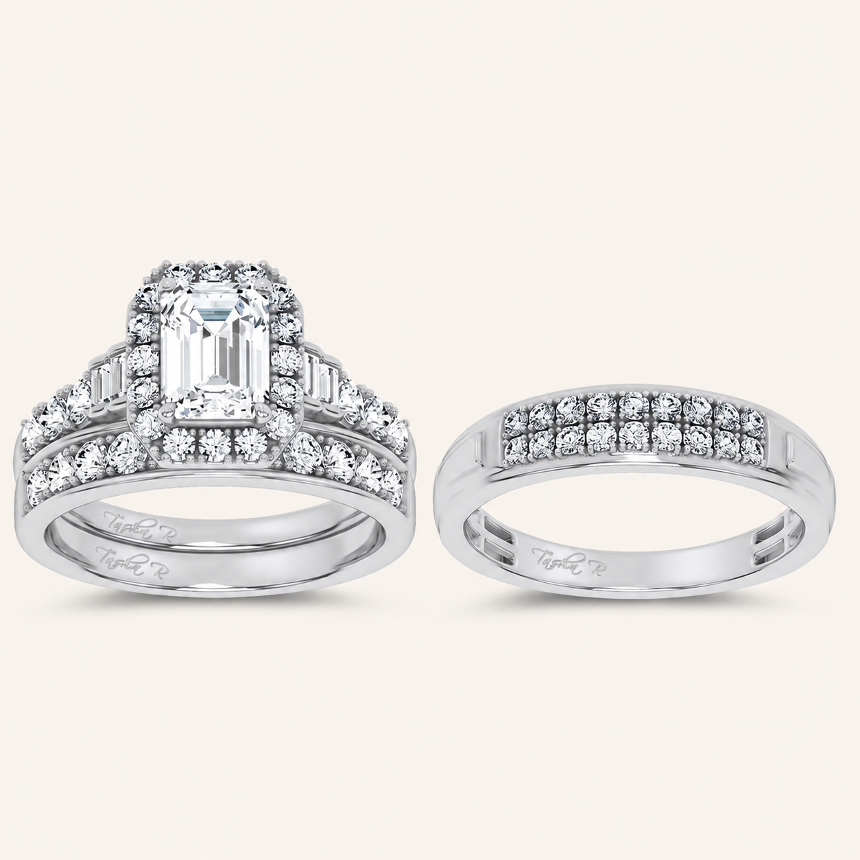 3.17CT Emerald Certified Lab Grown Diamond Trio Halo Set