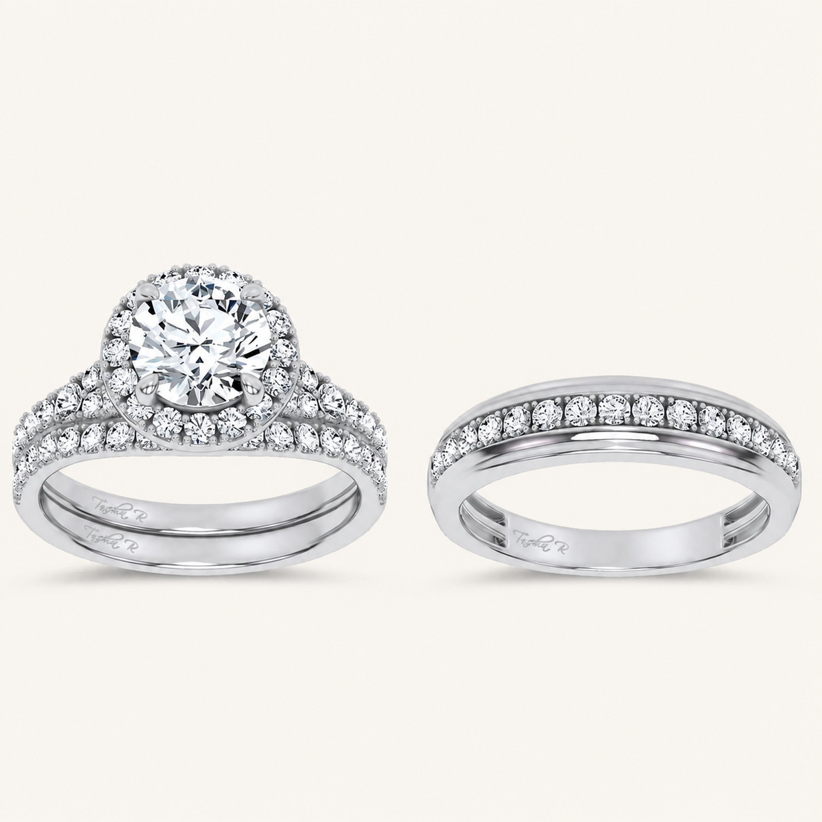 3CT Rounc Cut Diamond Trio Halo Set