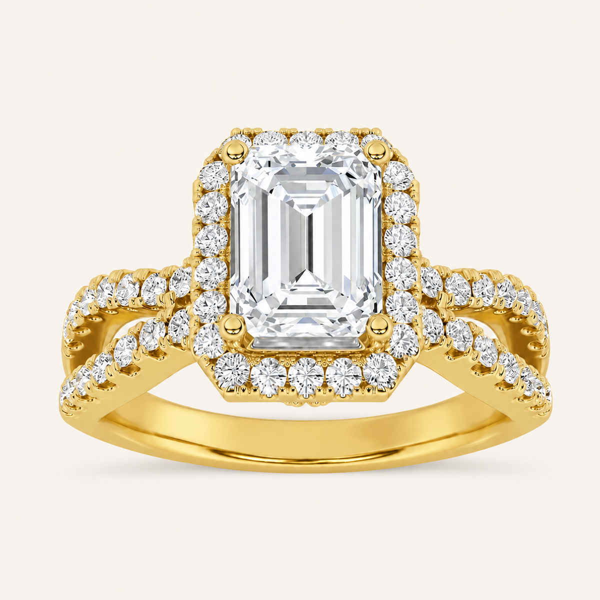 2CT Emerald Cut Lab Grown Diamond Split Shank Halo Accented Engagement Ring