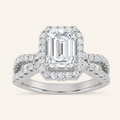 2CT Emerald Cut Lab Grown Diamond Split Shank Halo Accented Engagement Ring