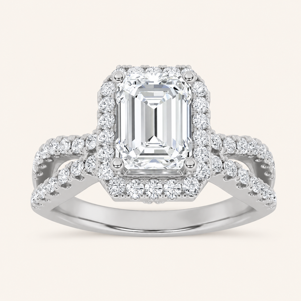 2CT Emerald Cut Lab Grown Diamond Split Shank Halo Accented Engagement Ring